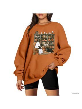 Womens Halloween Ghost Reading Books Graphic Sweatshirt Pullover
